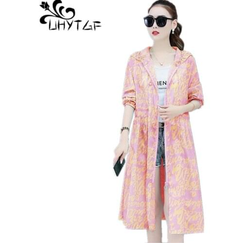 UHYTGF 2021Beach Thin Sun Protection Clothing Women Fashion Printed Ice Silk Summer Jacket Hooded Breathable Plus Size Coat 1396