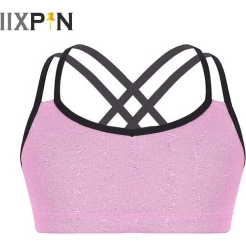 IIXPIN Girls Gymnastics Crop Top Leotards Glittery Metallic Double Shoulder Straps Crop Top for Ballet Dance Stage Performance