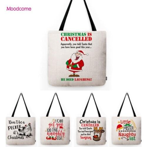 Mockery Funny Humorous Christmas Letter Art Xmas Gift Waterproof Cotton Linen Shoulder Bag Santa Naughty List Cute Tote Bag