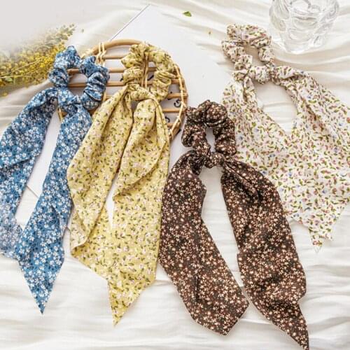 DIY Floral Print Long Hair Scarf Ribbon Scrunchies Women Elegant Elastic Hair Bands Rubber Band Hair Accessories Ponytail Holder