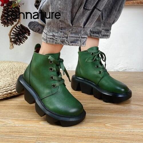 Johnature Winter Boots Women Shoes Genuine Leather 2021 New Round Toe Lace-Up Leisure Handmade Concise Sewing Ladies Boots