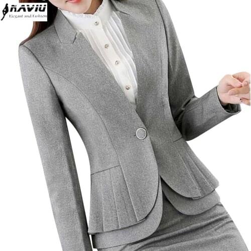 NAVIU Elegant and Fashion Women Blazers Autumn Temperament Long-Sleeve Black Gray Jacket Office Ladies Plus Size Work Wear Coat