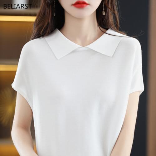 BELIARST 100% cotton womens short-sleeved summer new style POLO collar knitted vest wispy knitted T-shirt