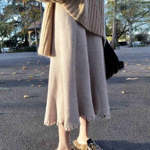 Womens high waist knitted sweater long skirt tassel autumn and winter Korean style fall skirts knit wear maxi bottom vintage