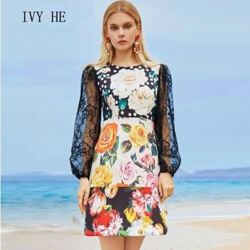 IVY HE High Quality Autumn Dress Woman Clothing Rose Print Patchwork Gauze Long Sleeve Midi Dress Traf Robe ZA Party Dresses