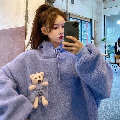 Kawaii Bear Fleece Winter Women Sweatshirts Hoodies Fashion Cute Doll Pullover Oversized Casual Loose Warm Clothes Streetwear