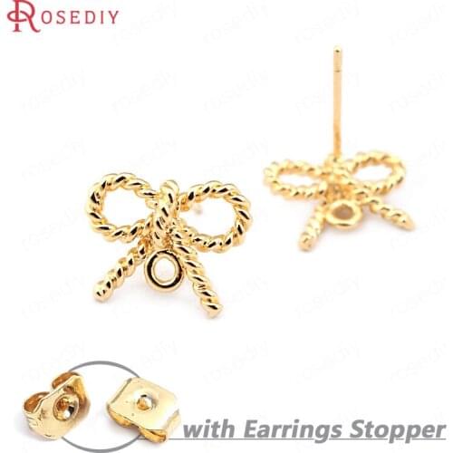 F370)10 pieces Bow 13*10mm 24K Gold Color Brass Twisted Stud Earrings Pins High Quality Diy Jewelry Findings Accessories