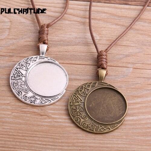 2pcs Zinc Alloy Two Color 25mm Round Moon Cabochon Settings Blank Cameo Pendant Base Tray With Leather Cord For Jewelry Making