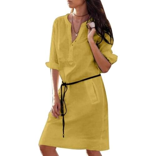 50%HOT Autumn Summer Women V-Neck Long Sleeve Pocket Casual Short Dress with Waist Band