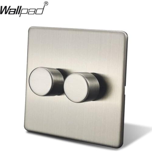 Wallpad Silver 2 Gang 2 Way Double LED Light Dimmer Switch Satin Chrome Push On Off Stainless Steel Panel Metal Button
