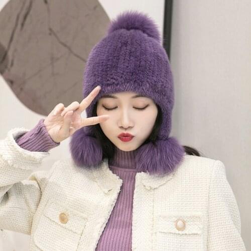 Besfilin autumn and winter warm natural mink fur hat double sided fur female ear protection hat fox fur ball high elastic weavin