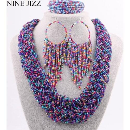 NINEJIZZ Bohemia Necklace Vintage Beaded Handmade Choker for Woman Collar Statement Necklace Bracelet Earring Set Jewelry