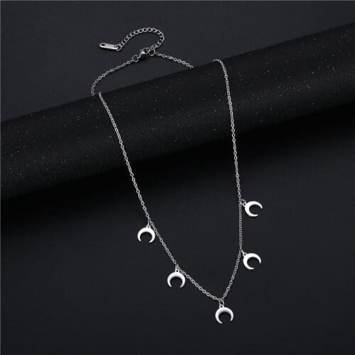 Stainless Steel Choker Stacked Necklace Delicate Silver Color Jewelry Fashion Crescent Moon Pendant Necklace