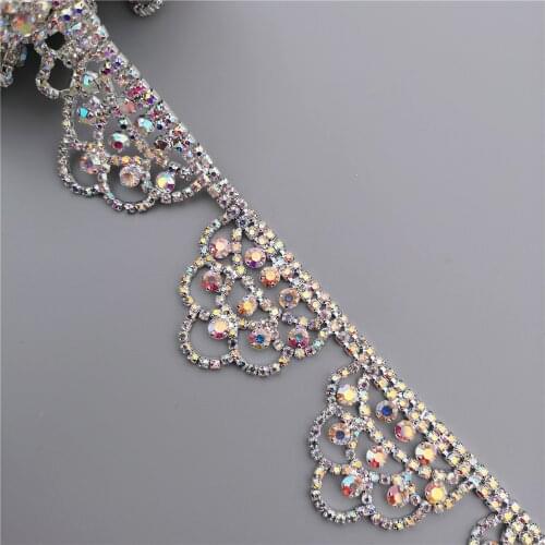 1yard AB color Rhinestone Crystal Chain Crown Decorative Diamond Metal Collar Trim Crystal Wedding Dress Necklace Decoration