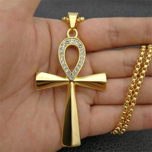 Egypt Iced Out Bling Ankh Cross Pendant Necklace For Women And Men Key of Life Stainless Steel Egyptian Jewelry Dropshipping