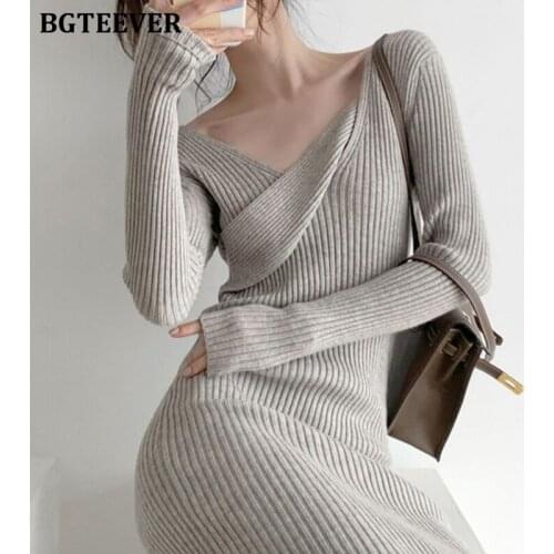 BGTEEVER Elegant Slanted Collar Women Sweater Dress Full Sleeve Slim Waist Female Knitted Dress 2021 Autumn Casual Vestidos Femm
