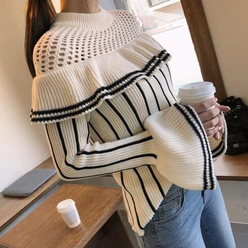 Elegant Autumn Winter Ruffles Striped Christmas Sweater 2020 O-Neck Women Flare Sleeve Chic Pullover Knitted Jumper Tops