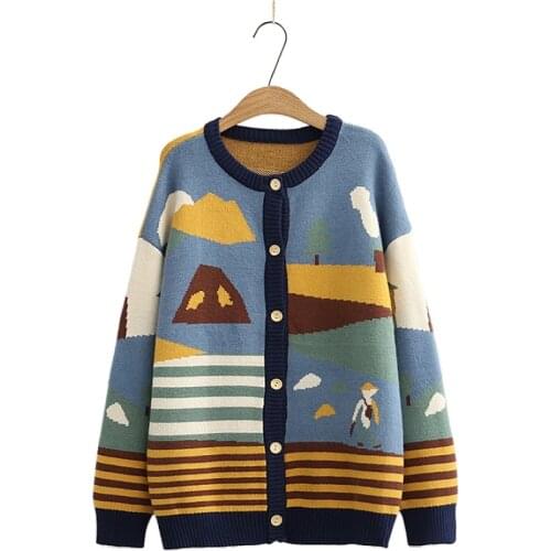 Japanese Harajuku Style Women Loose Long Sleeve Cardigan Sweater Fun Cartoon House Crew Neck Single Breasted Knitted Sweaters