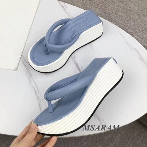 Fashion blue thick-soled flip-flops vacation shoes leather women dress shoes simple outer wear slippers