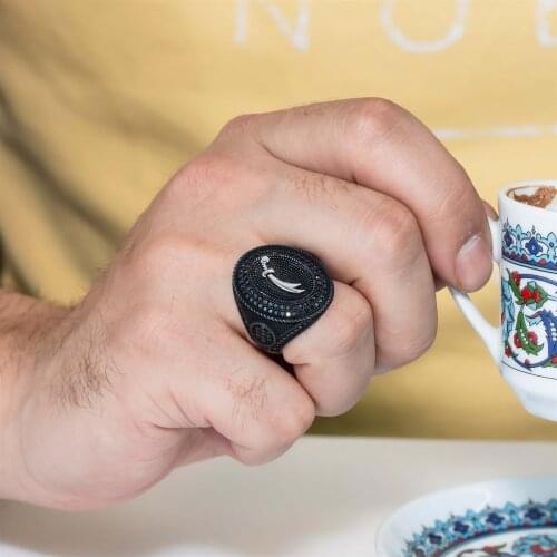 Micro Cubic Zirconia Zulfiqar Black Ancl Silver Men 'S Ring