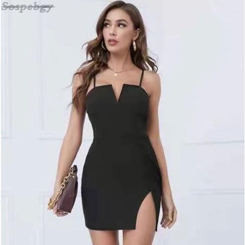 New Summer Womens Clothes Mini Spaghetti Strap Bandage Dresses Sexy V Neck Black Club Celebrity Evening Party Bodycon Dress