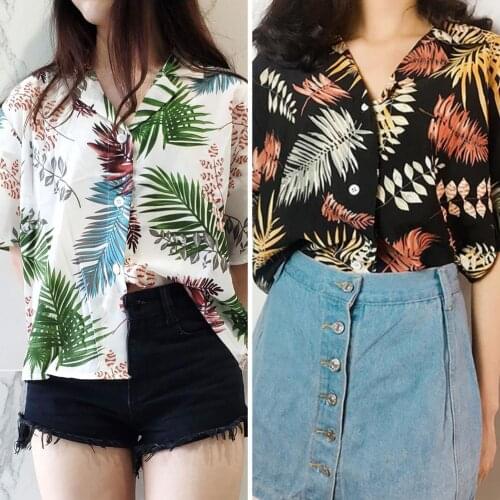 New Stylish Tropical Plant Leaf Print Short Sleeves Women Tops Leisure Chiffon Casual Blouse Shirt