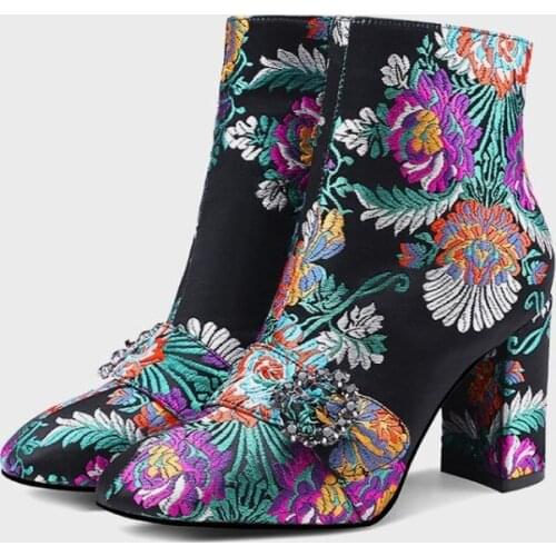 OLOMLB US4-11 Womens embroidery Floral Silk Ankle Boots Belt Buckle Rhinestones Side Zip Block High Heel Real Leather Shoes Plus