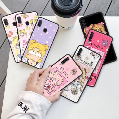 Luxury Phone Case for Samsung Galaxy A50 A70 A10 A20e A30 A40 A20s M31 M51 M30s Black Soft Edge Cover Lovely Sailors Cute Moon