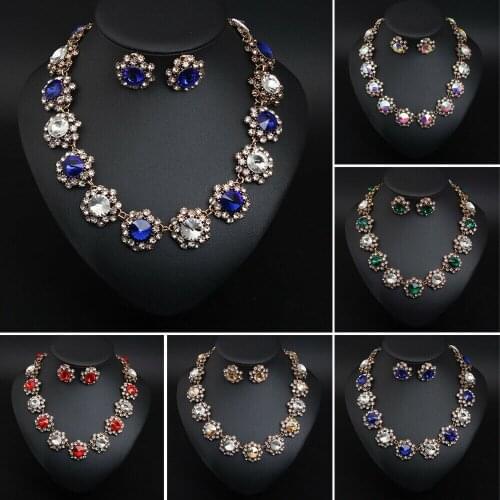 Luxury Jewelry Set Crystal Glass Round Necklace Earrings Sets Statement Wedding Party Gifts Fashion Jewelry Costumes Accessory