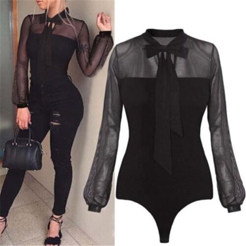 Sexy Women Bowtie Long Sleeve Lace-up Mesh Patchwork Bodysuit Bow Leotard Bodycon See Through Black Clubwear Tops Jumpsuit