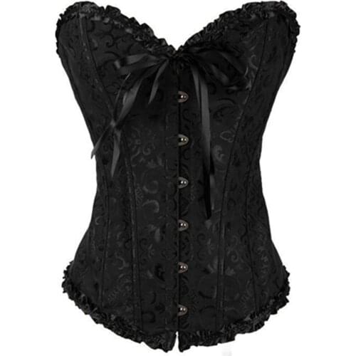 Sexy Satin Floral Gothic Lace up Boned Overbust Corset and Bustier Waist Trainer Plus Size S-2XL with G-string