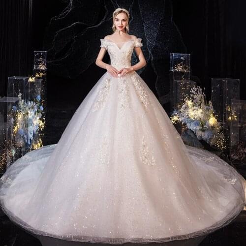 Wedding Dress 2021 New Elegant Boat Neck Lace Up Wedding Gown With Train Princess Bling Bling Vintage Custom Made Dress