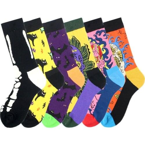 Happy Funny Fun Fancy Crew Cotton Socks Human Foot Bone Carved Skeleton Sun Skull Head Crazy Cat Night Bat Street Fashion Totem