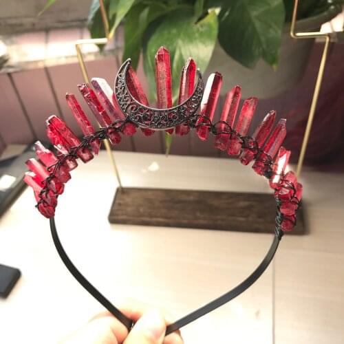 Vintage Crescent Moon Quartz Witch Crown Tiara,Gunmetal Wire Wrap Raw Crystal Point Party Bridal Women Hairband Jewelry QC5008
