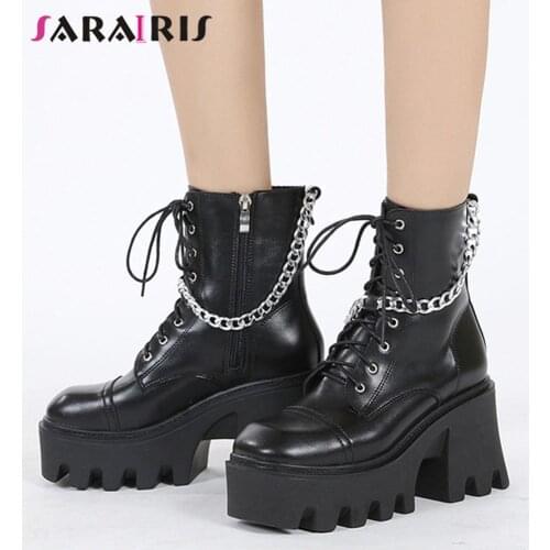 SaraIris Trendy Leisure Women Boots Solid Chain Lace Up Square High Heel Platform Boots Street Casual Punk Goth Shoes Woman