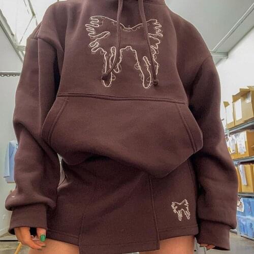 Y2K Butterfly Oversized Hoodies Pullovers Women Autumn Long Sleeve Sweatshirts And A-line Skirt Gothic Clothes Two Piece Set