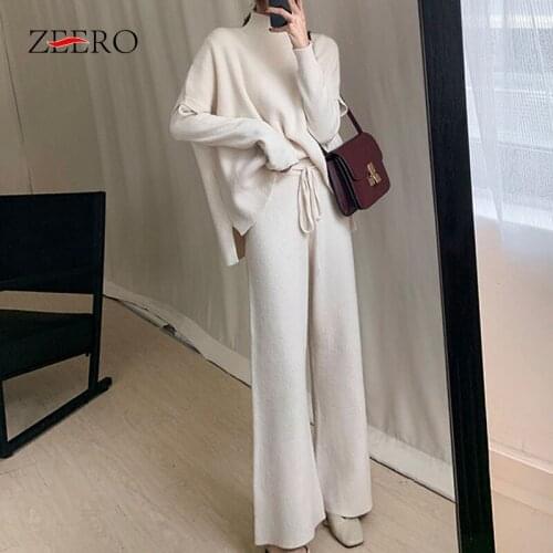 2020 Winter Outfits for Women Sweater Set OL Style Turtleneck Pullover+Vest+Loose Pants Suit Knit Two Piece Set Korean Clothes