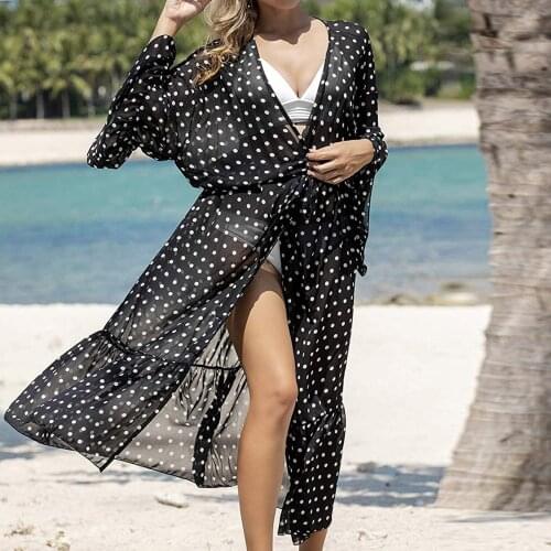 Women Chiffon Fashion Long Sleeves Beach Cardigan Dress Ladies Loose Cover Up Dot Chiffon Tie Wrap Beachwear Long Dress#g3