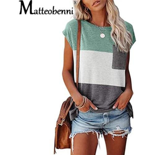 2021 Fashion Pocket Three-Color Stitching Women T-Shirt Summer New O-Neck Short-Sleeved Casual Top Street Loose Ladies Tee S-2XL