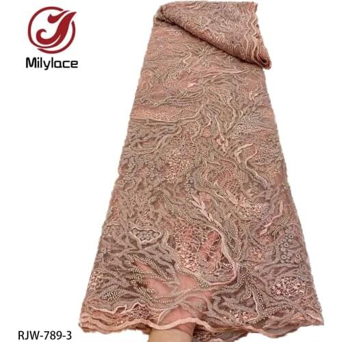 2021 High Quality French Net Lace Fabric Plenty Beads Tube Lace FabricSequin Embroidery Lace for Party Dress RJW-789