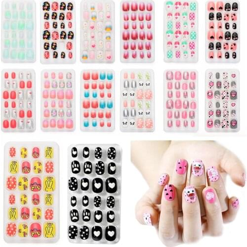 24Pcs Cute Cartoon Colorful Child Detachable False Nails Press on Oval Wearable Kids Artificial Fake Nails Full Cover Nail Tips