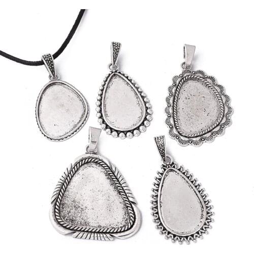 3PCS Inner Size Antique Bronze Silver Plated Drop Style Cameo Cabochon Base Setting Charms Pendant necklace findings accessories