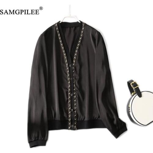 Summer Blouses For Women 2021 New Fashion Chain Decoration Cardigan Single Breasted Long Sleeved Spring Black Chiffon Blouse 4XL