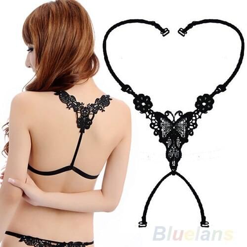 Fashion Women Underwear Butterfly Rhinestone Black Bra Shoulder Cross Straps 985K
