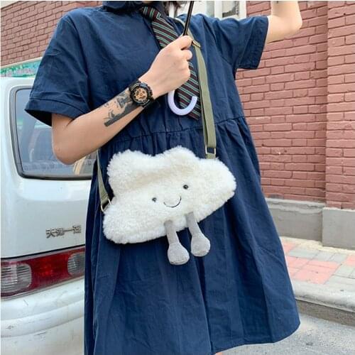 Pure color white cloud plush messenger bag ladies shopping mobile phone bag soft handbag coin purse shoulder bag with zipper