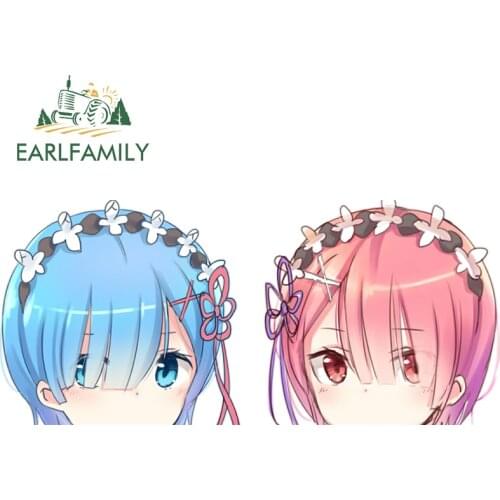 EARLFAMILY 13cm x 5.8cm for Anime Twins with Blue Rem Ram Vinyl Car Stickers Personality Air Conditioner RV Waterproof Decal