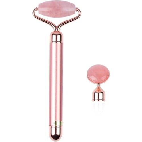 2 in 1 Electric Vibrating Natural Rose Quartz Jade Roller Women Facial Skin Lifting Firming Healing Crystal Beauty Bars with Box
