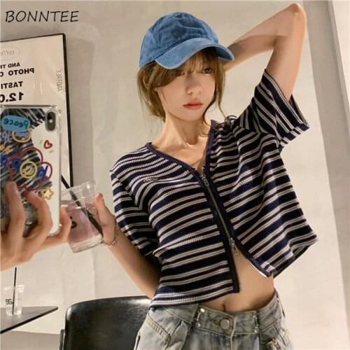 T-shirts Women Fashion Slim Summer Zipper Ulzzang Striped All-match V-neck Holiday Streetwear Female Tops Ins Sweet Breathable