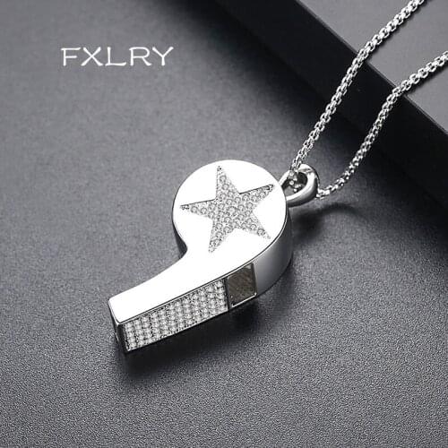 FXLRY New Personality White Color Cubic Zircon Pentagram Whistle Pendant Sweater Chain Necklaces For Women Jewelry