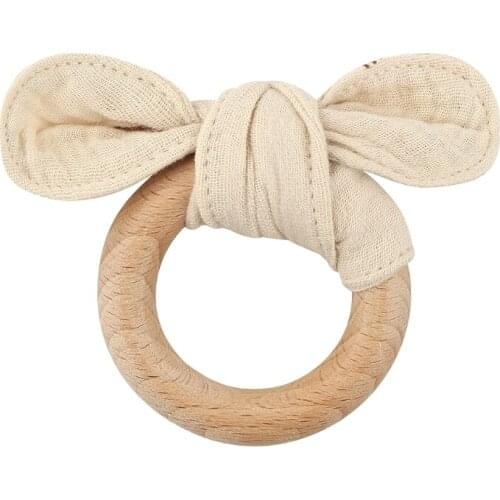 Baby Rabbit Ear Teether Safe Organic Wood Teething Ring Infant Nursing Training Montessori Toys Gift
